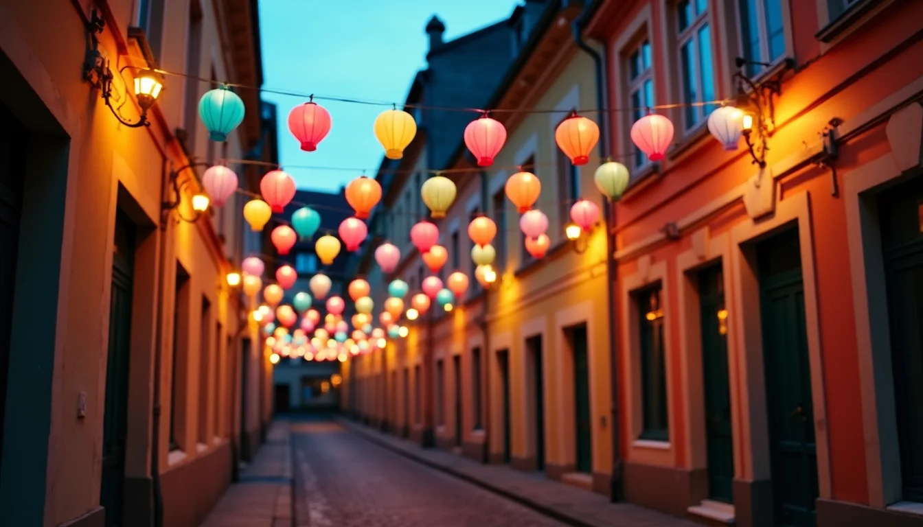 lanternes de papier arc-en-ciel suspendues dans une ruelle au crepuscule a Dijon