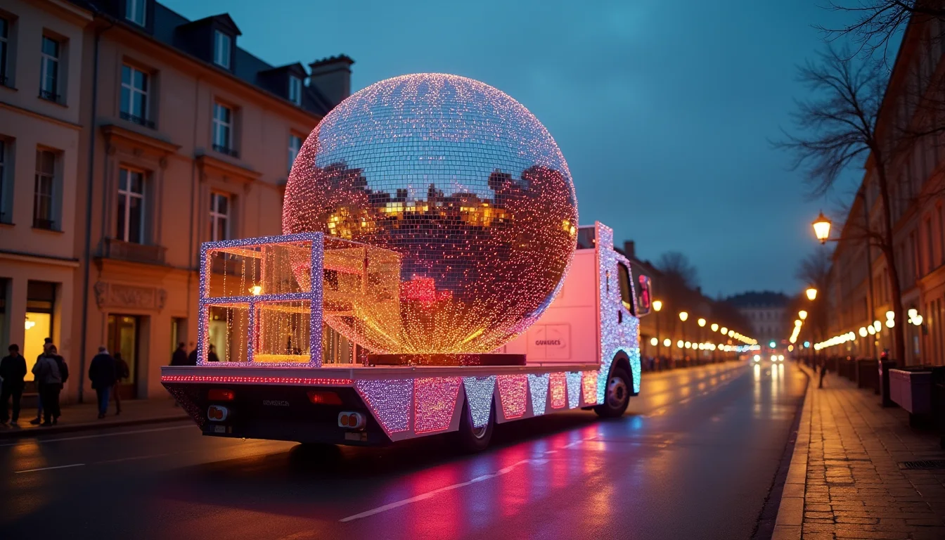 boule a facettes geante sur un char de parade au crepuscule a Dijon
