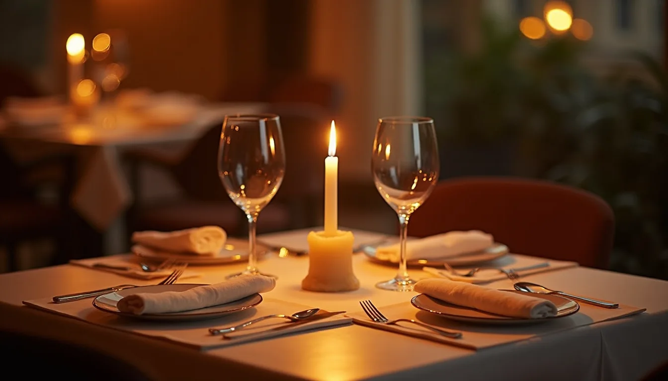 table de dîner aux chandelles dressée pour deux, lumière chaude du soir a Dijon