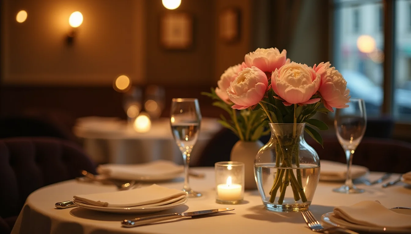 petit bouquet de pivoines dans une carafe sur une table de restaurant a Dijon
