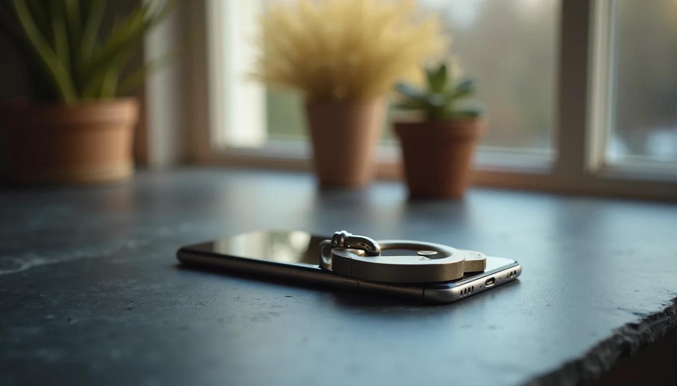 cadenas en acier brossé fermé sur un smartphone face cachée sur ardoise a Dijon