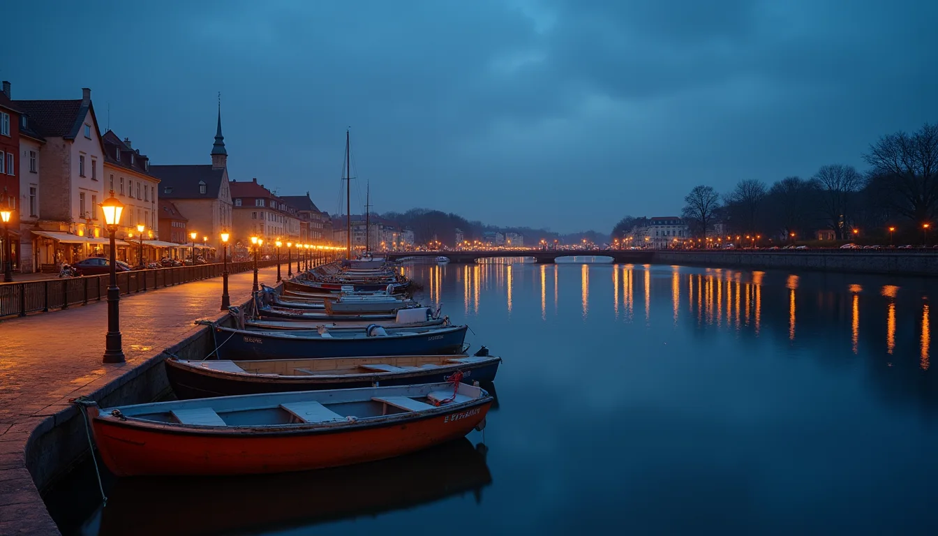 port au crépuscule, bateaux amarrés et lanternes reflétées a Dijon
